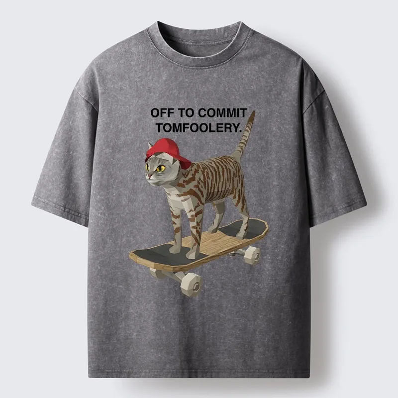 Tokyo-Tiger Skateboarding Cat Funny Meme Washed T-Shirt