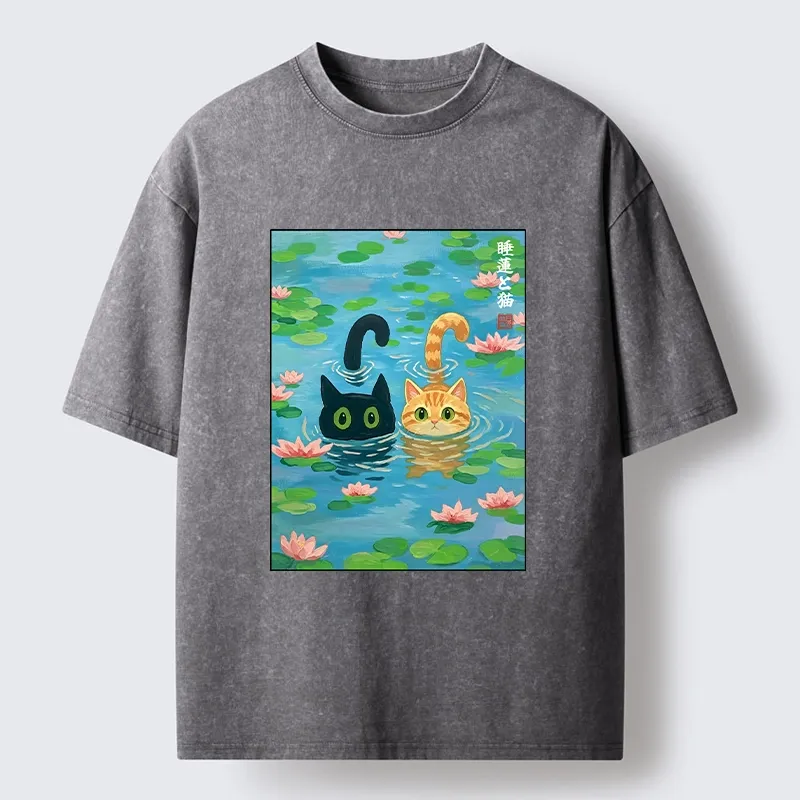 Tokyo-Tiger Cats In The Lotus Pond Washed T-Shirt