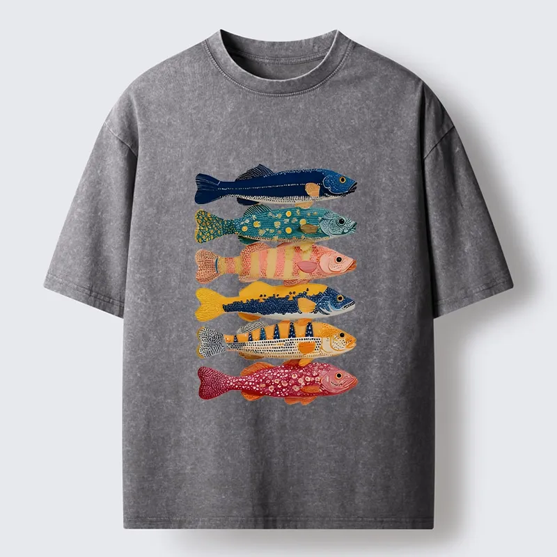 Tokyo-Tiger Colorful Fish Art Collection Washed T-Shirt