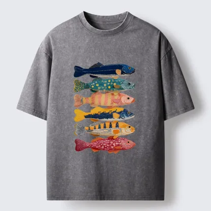 Tokyo-Tiger Colorful Fish Art Collection Washed T-Shirt