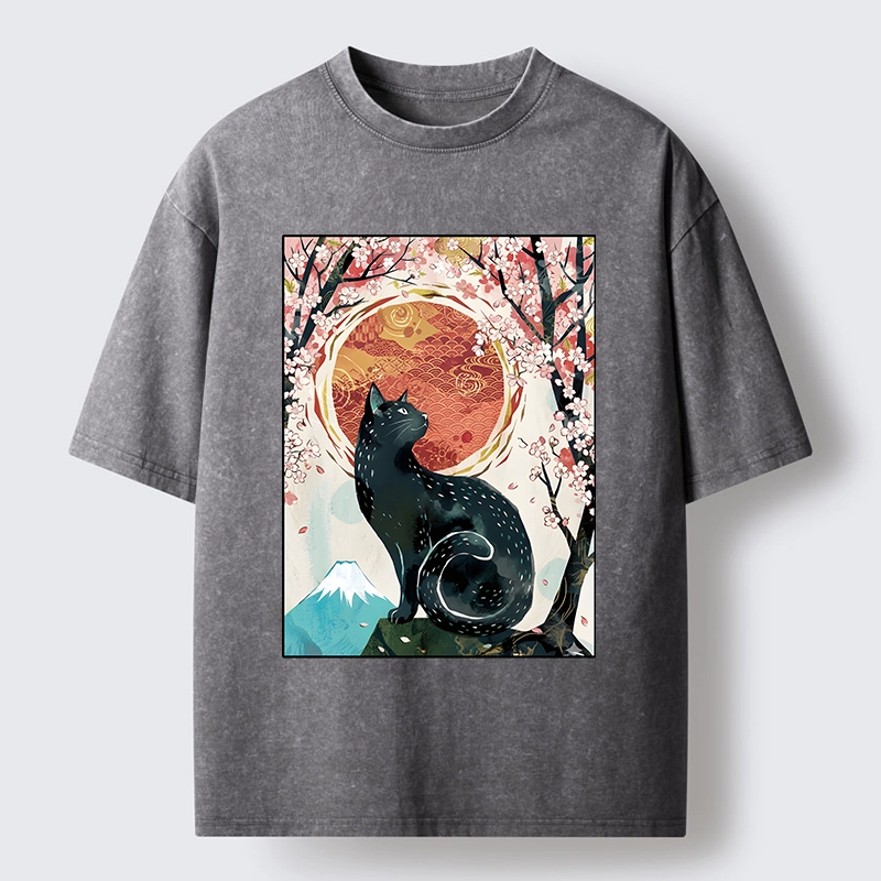 Tokyo-Tiger Black Cat Sakura Washed T-Shirt