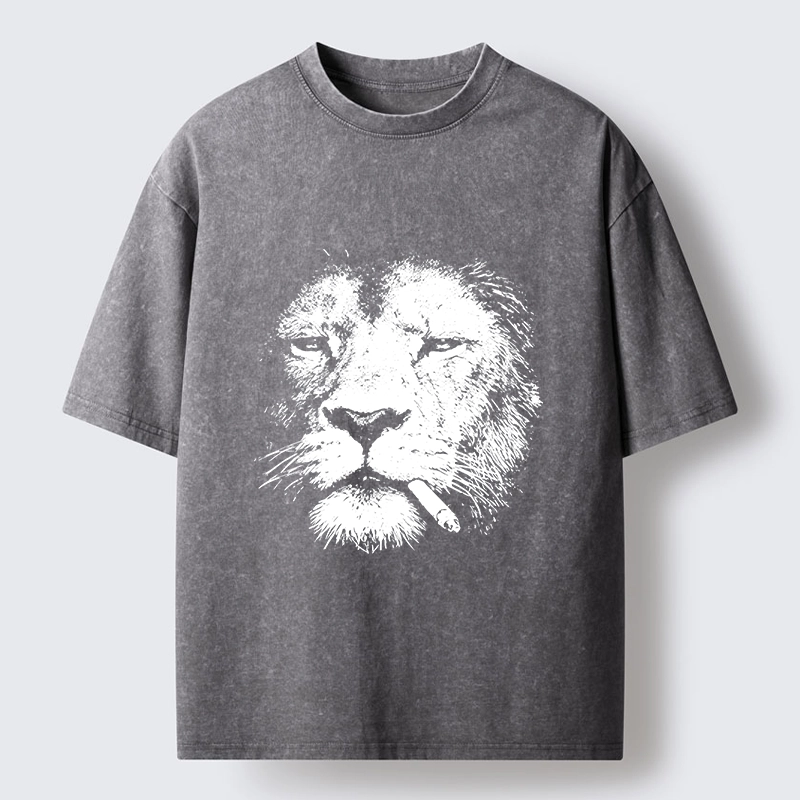 Tokyo-Tiger Tired Lion Funny Smoking Washed T-Shirt