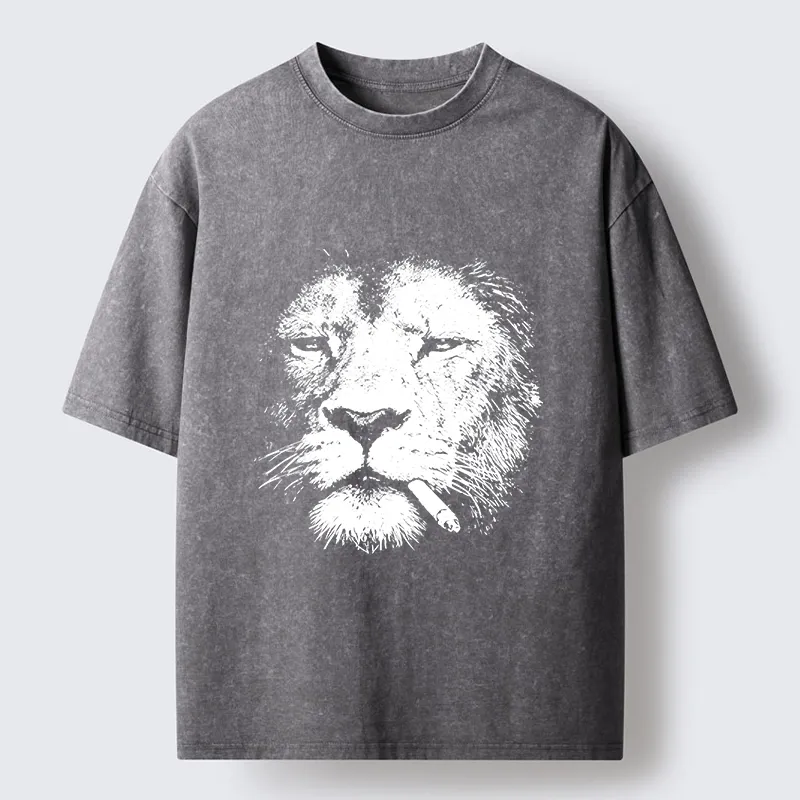 Tokyo-Tiger Tired Lion Funny Smoking Washed T-Shirt