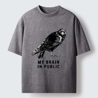 Tokyo-Tiger Black Crow Public Brain Funny Art Washed T-Shirt