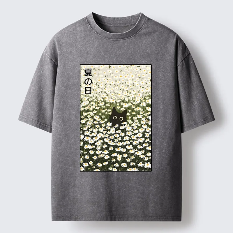 Tokyo-Tiger Summer Day Daisies Black Cat Washed T-Shirt