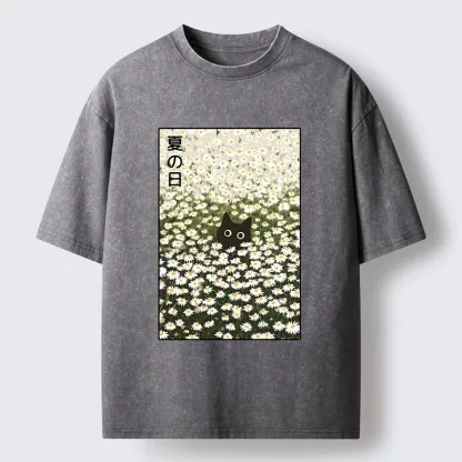 Tokyo-Tiger Summer Day Daisies Black Cat Washed T-Shirt