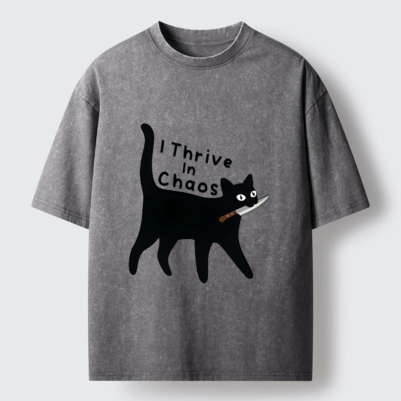 Tokyo-Tiger Chaotic Black Cat With Knife Washed T-Shirt