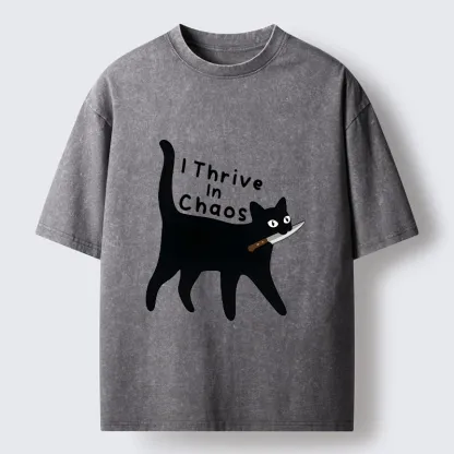 Tokyo-Tiger Chaotic Black Cat With Knife Washed T-Shirt