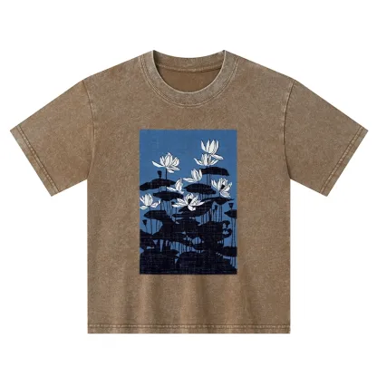 Tokyo-Tiger Blue Lotus Japanese Art Kids Washed T-Shirt