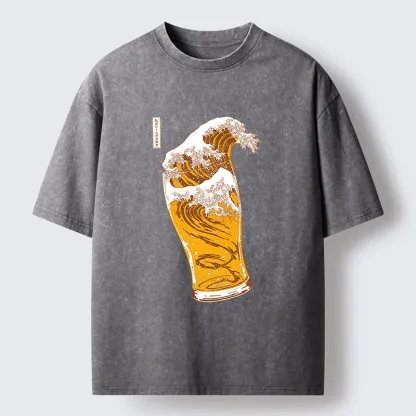 Tokyo-Tiger Great Beer Wave Print Washed T-Shirt