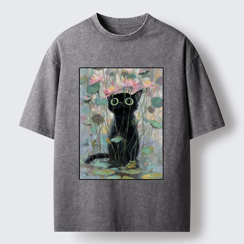 Tokyo-Tiger Black Cat In The Lotus Pond Washed T-Shirt