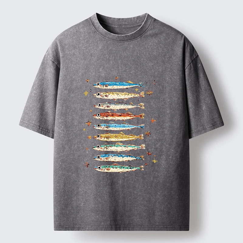 Tokyo-Tiger Colorful Fish Family Art Washed T-Shirt