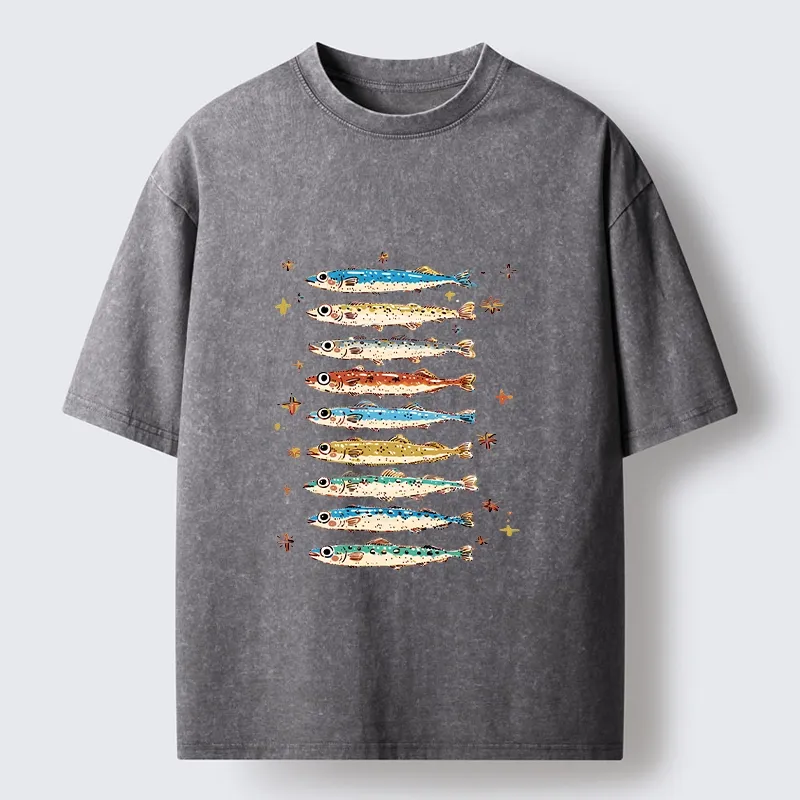 Tokyo-Tiger Colorful Fish Family Art Washed T-Shirt