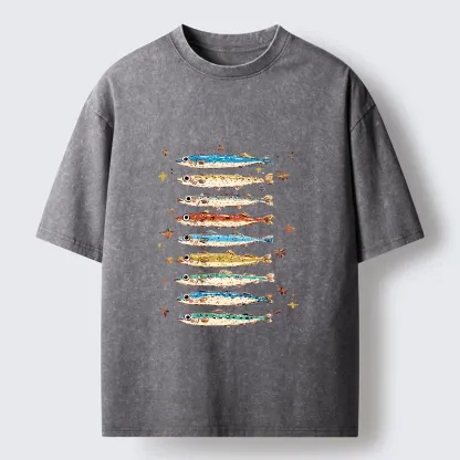 Tokyo-Tiger Colorful Fish Family Art Washed T-Shirt