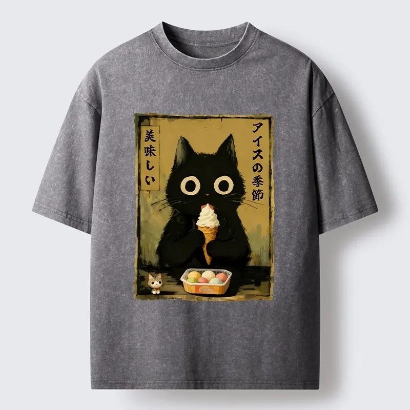 Tokyo-Tiger Black Cat Loves Ice Cream Washed T-Shirt