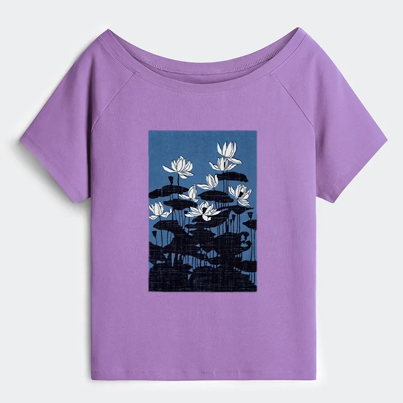 Tokyo-Tiger Blue Lotus Japanese Art Off Shoulder T-Shirt