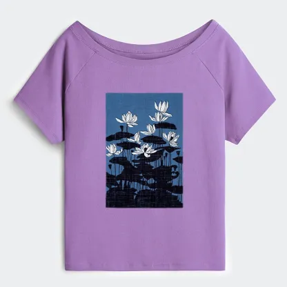 Tokyo-Tiger Blue Lotus Japanese Art Off Shoulder T-Shirt