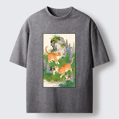 Tokyo-Tiger Tabby Cats In Garden Meme Washed T-Shirt