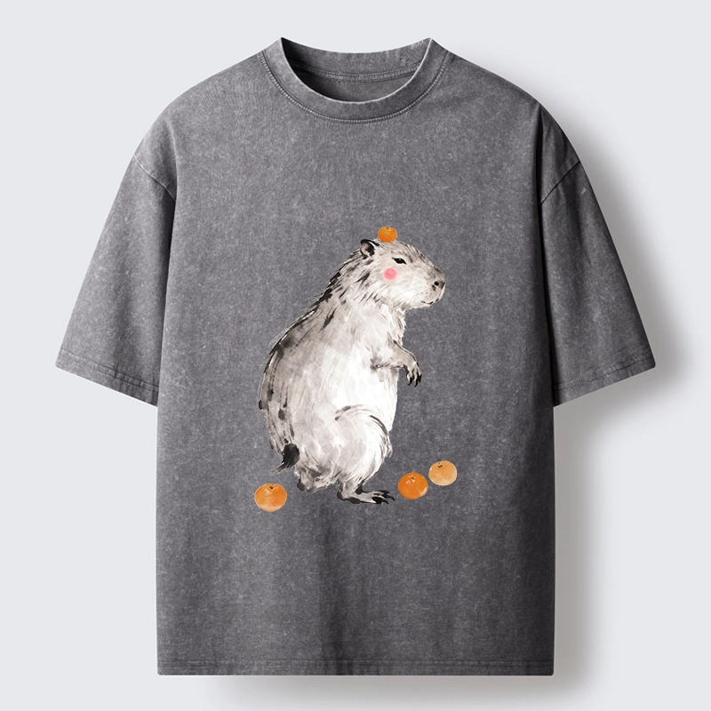 Tokyo-Tiger Orange On Capybara Funny Washed T-Shirt