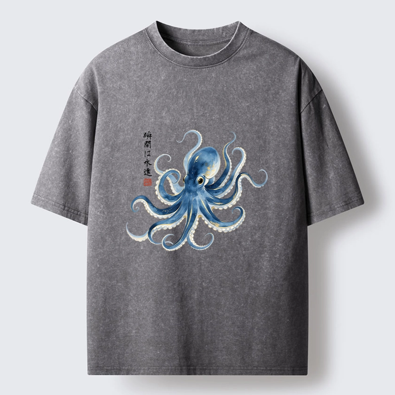 Tokyo-Tiger Stylish Blue Octopus Japanese Washed T-Shirt