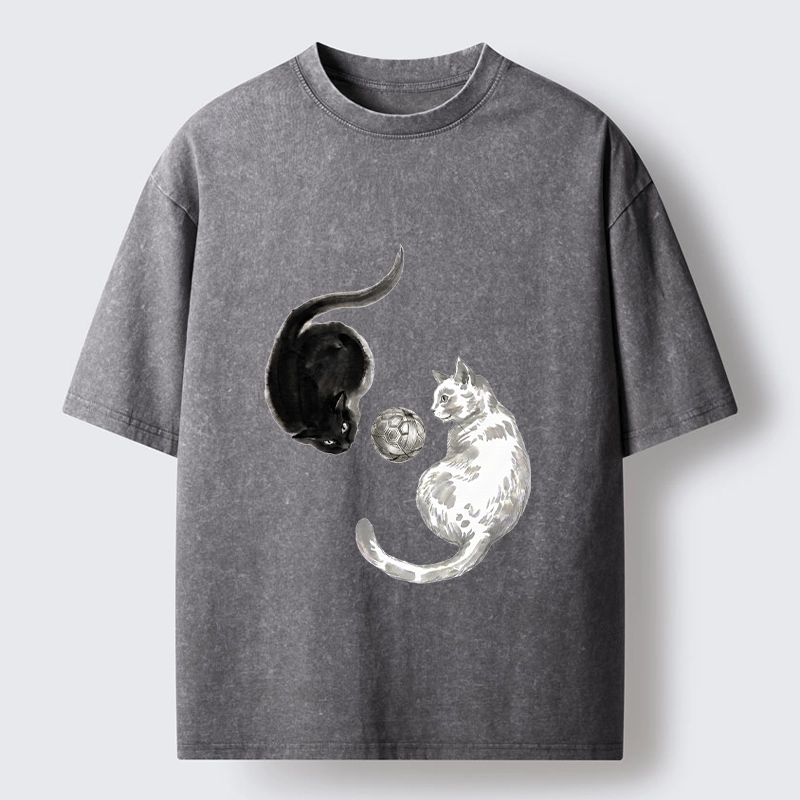 Tokyo-Tiger Cool Yin Yang Cat Art Washed T-Shirt
