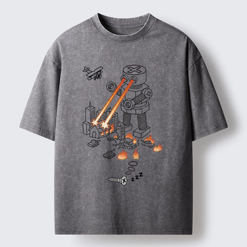 Tokyo-Tiger Funny Screw Robot Destroying City Washed T-Shirt