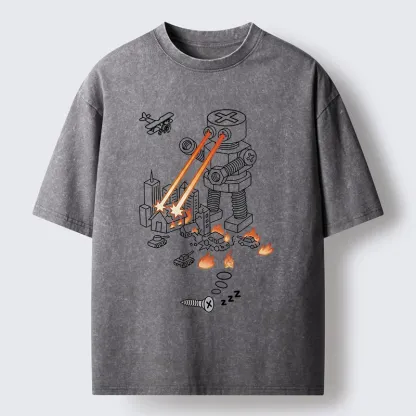 Tokyo-Tiger Funny Screw Robot Destroying City Washed T-Shirt
