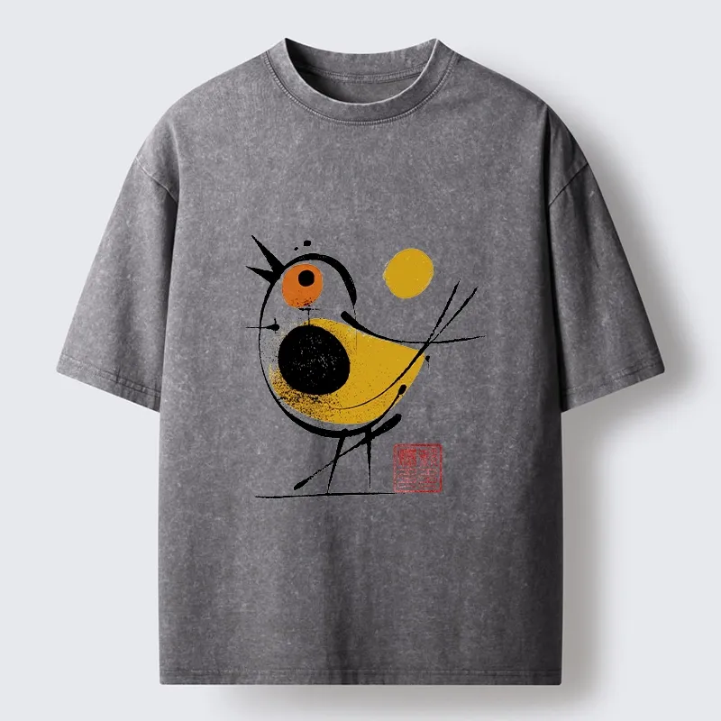 Tokyo-Tiger Aesthetic Yellow And Black Bird Washed T-Shirt