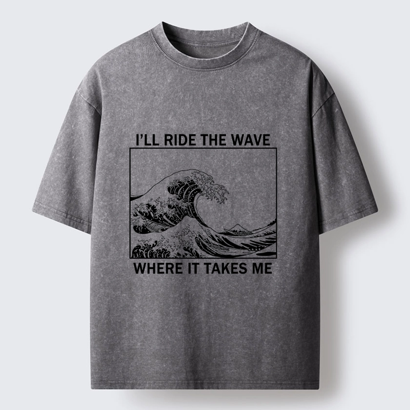 Tokyo-Tiger Stylish Black And White Wave Art Washed T-Shirt