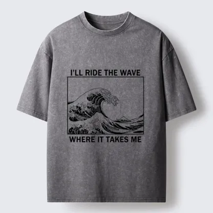 Tokyo-Tiger Stylish Black And White Wave Art Washed T-Shirt