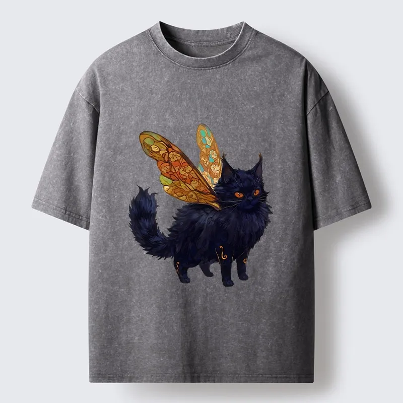 Tokyo-Tiger Funny Fairy Black Cat Art Washed T-Shirt