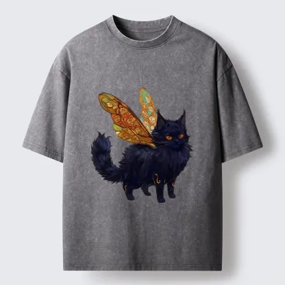 Tokyo-Tiger Funny Fairy Black Cat Art Washed T-Shirt