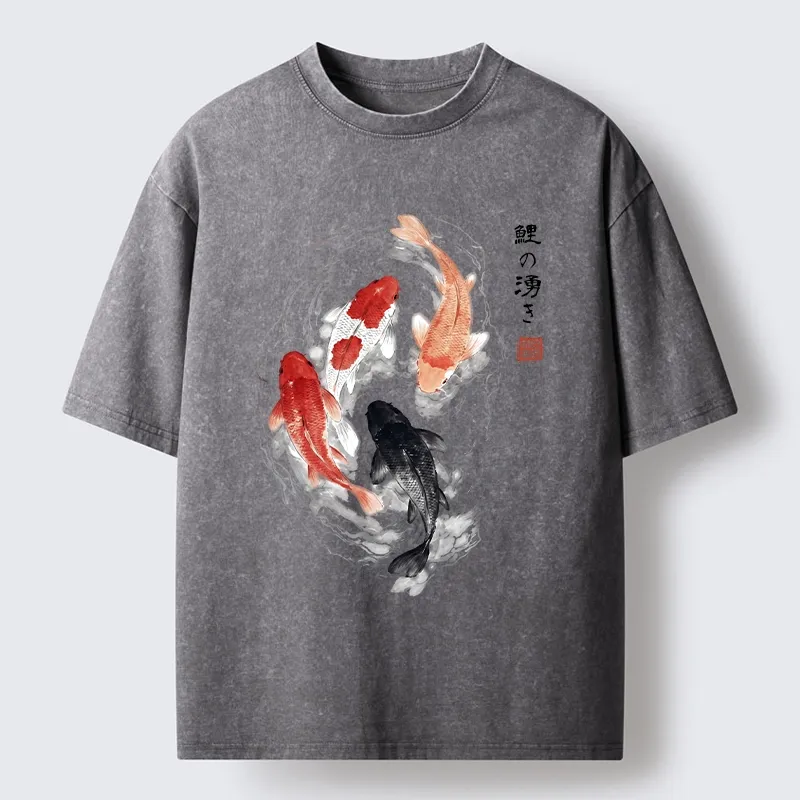 Tokyo-Tiger Koi Fish Flow In Traditional Ink Style Washed T-Shirt