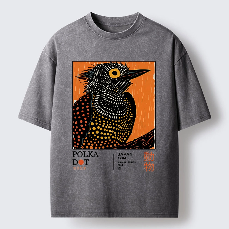 Tokyo-Tiger Polka Dot Bird Japanese Art Poster Washed T-Shirt