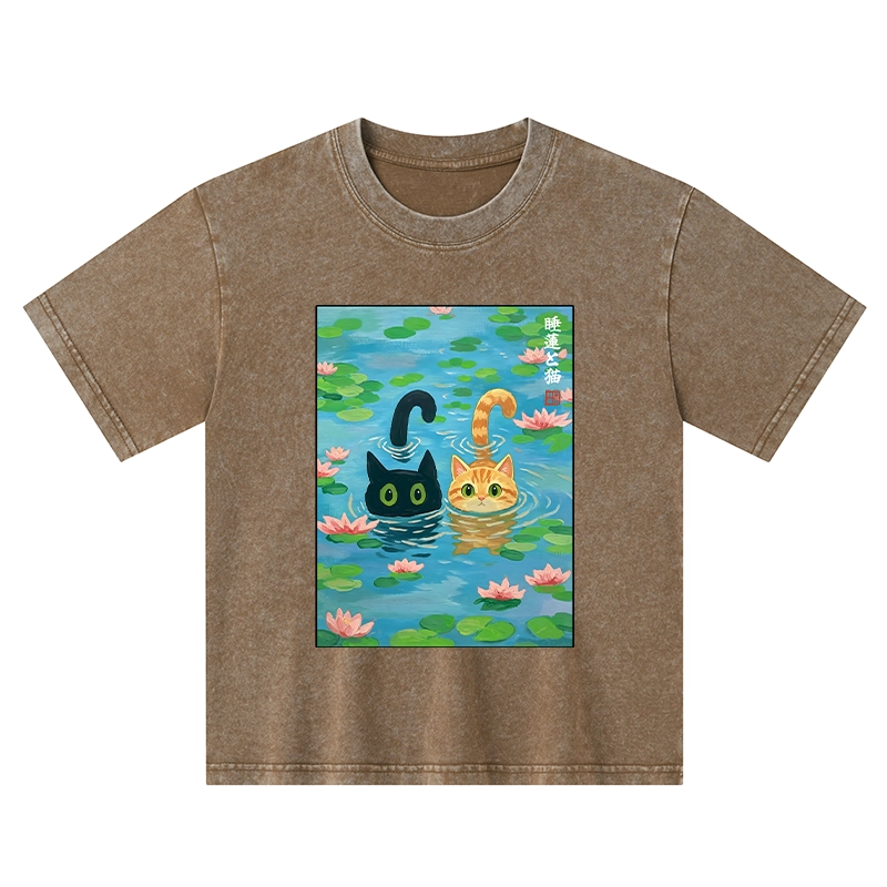 Tokyo-Tiger Cats In The Lotus Pond Kids Washed T-Shirt