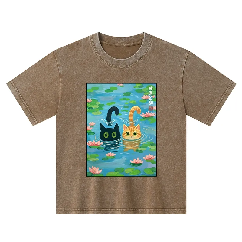 Tokyo-Tiger Cats In The Lotus Pond Kids Washed T-Shirt