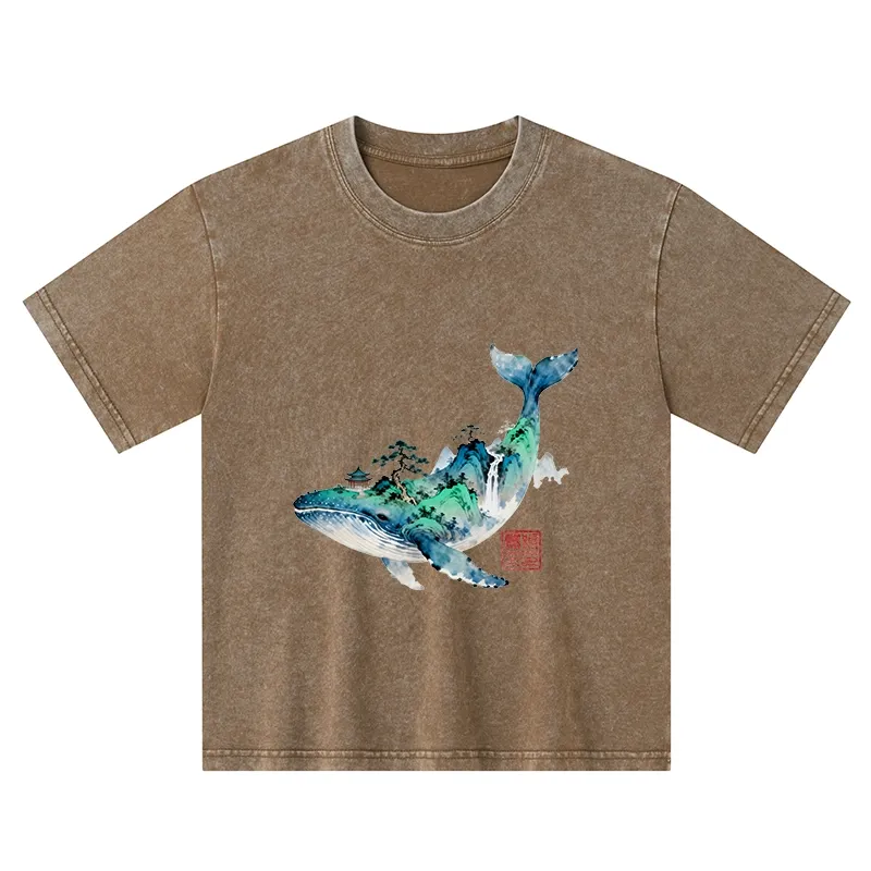 Tokyo-Tiger Whale Ink Painting Landscape Kids Washed T-Shirt
