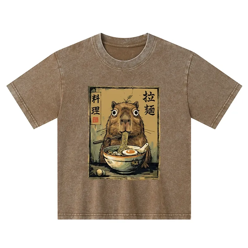 Tokyo-Tiger Cute Capybara Eating Ramen Kids Washed T-Shirt