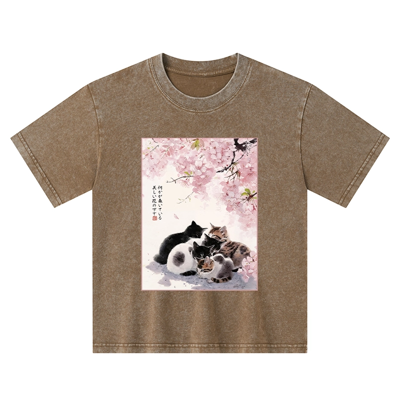 Tokyo-Tiger Cute Cats Sakura Garden Kids Washed T-Shirt