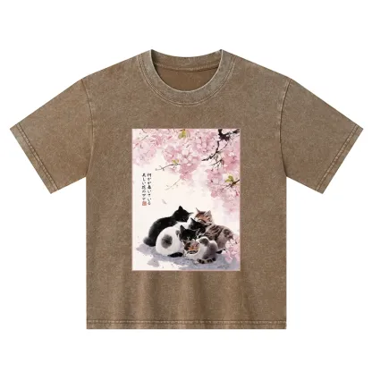 Tokyo-Tiger Cute Cats Sakura Garden Kids Washed T-Shirt