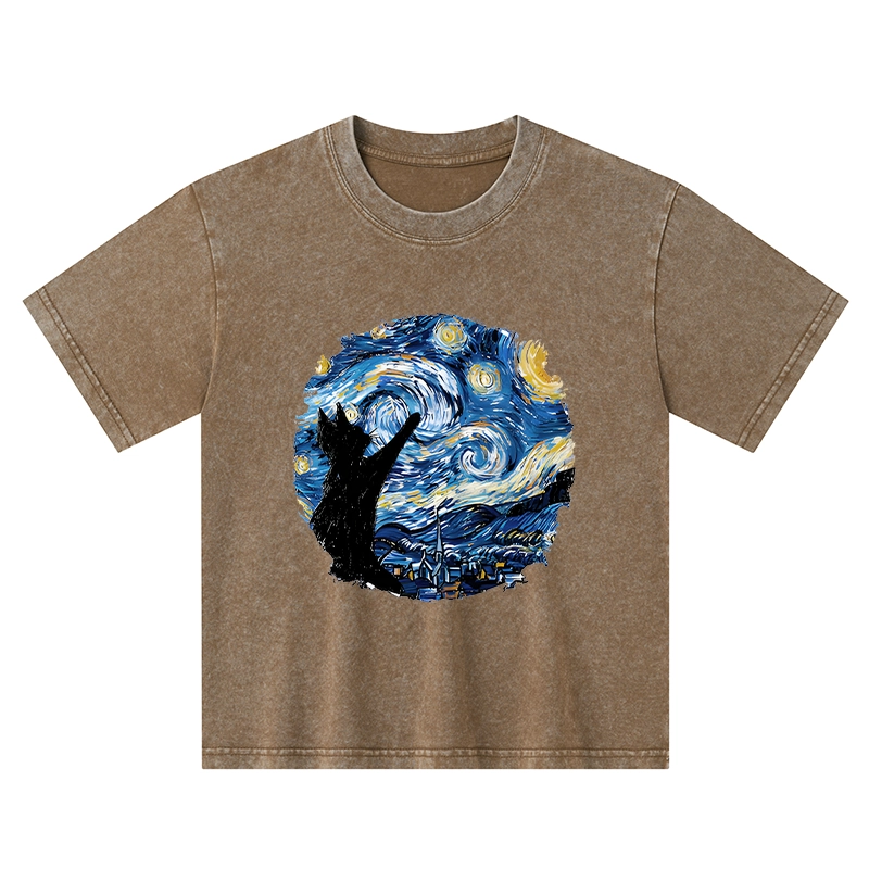 Tokyo-Tiger Starry Night Black Cat Kids Washed T-Shirt