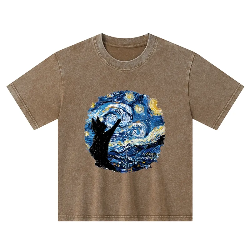 Tokyo-Tiger Starry Night Black Cat Kids Washed T-Shirt