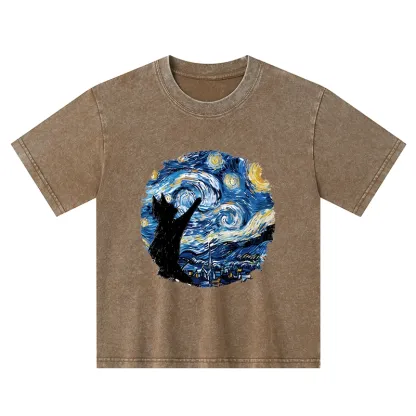 Tokyo-Tiger Starry Night Black Cat Kids Washed T-Shirt