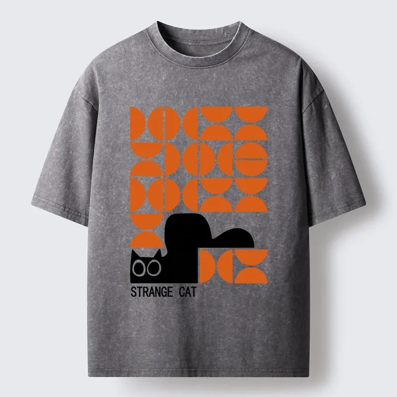 Tokyo-Tiger Black Cat Geometric Pattern Washed T-Shirt