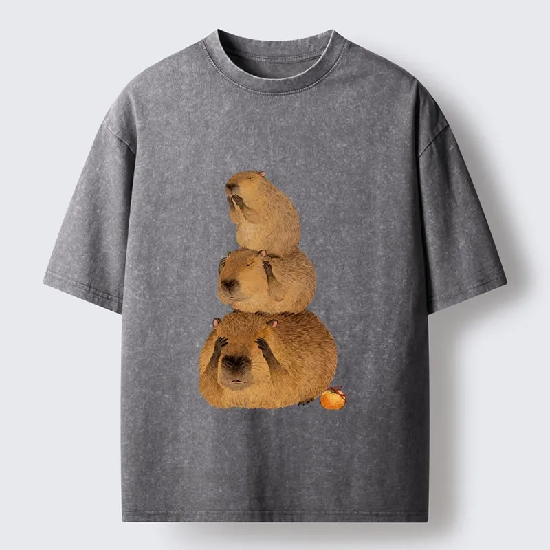 Tokyo-Tiger Capybara Hear No Evil Meme Washed T-Shirt