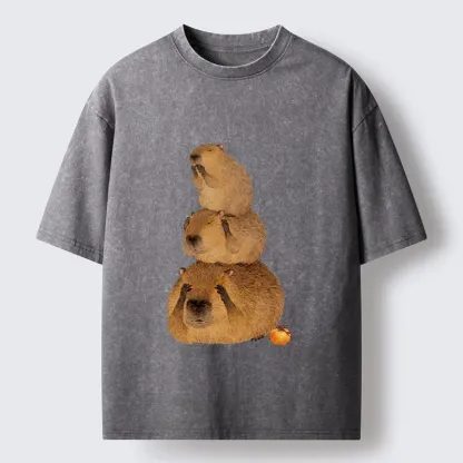 Tokyo-Tiger Capybara Hear No Evil Meme Washed T-Shirt