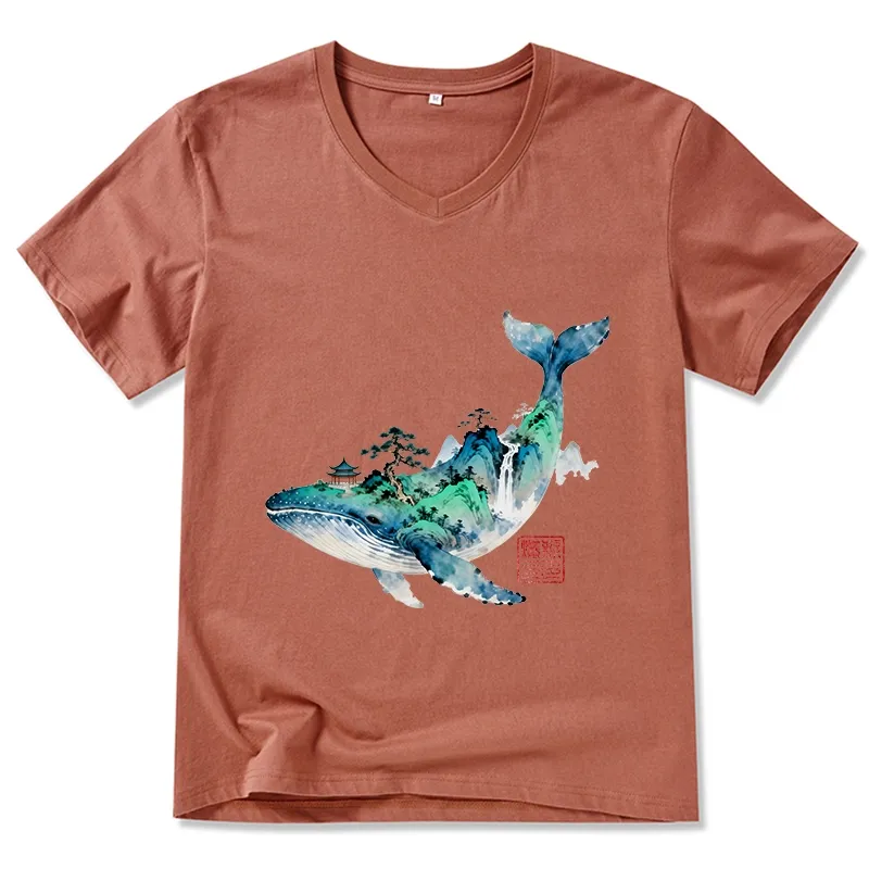Tokyo-Tiger Whale Ink Painting Landscape V-Neck Classic T-Shirt