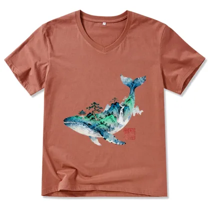 Tokyo-Tiger Whale Ink Painting Landscape V-Neck Classic T-Shirt