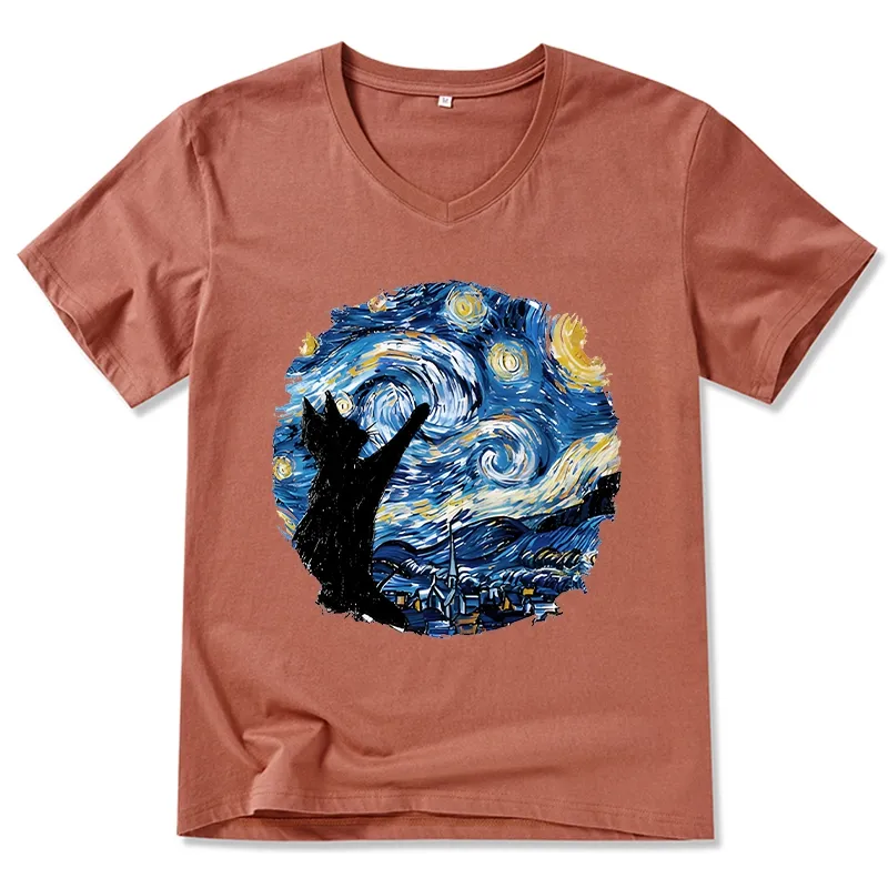 Tokyo-Tiger Starry Night Black Cat V-Neck Classic T-Shirt Sale