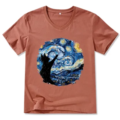 Tokyo-Tiger Starry Night Black Cat V-Neck Classic T-Shirt